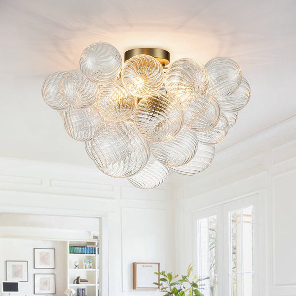Chandelierias-Modern Swirl Glass Cluster Bubble Semi-Flush Mount-Semi Flush-Brass-3 Bulbs