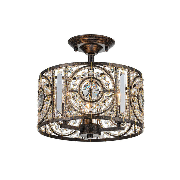 Chandelierias-Traditional Drum Crystal 3-Light Semi-Flush Mount-Lighting Fixtures-Black-