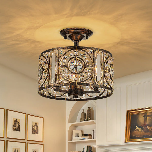 Chandelierias-Traditional Drum Crystal 3-Light Semi-Flush Mount-Lighting Fixtures-Black-