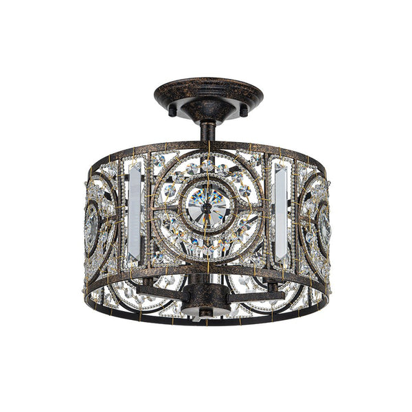 Chandelierias-Traditional Drum Crystal 3-Light Semi-Flush Mount-Lighting Fixtures-Black-