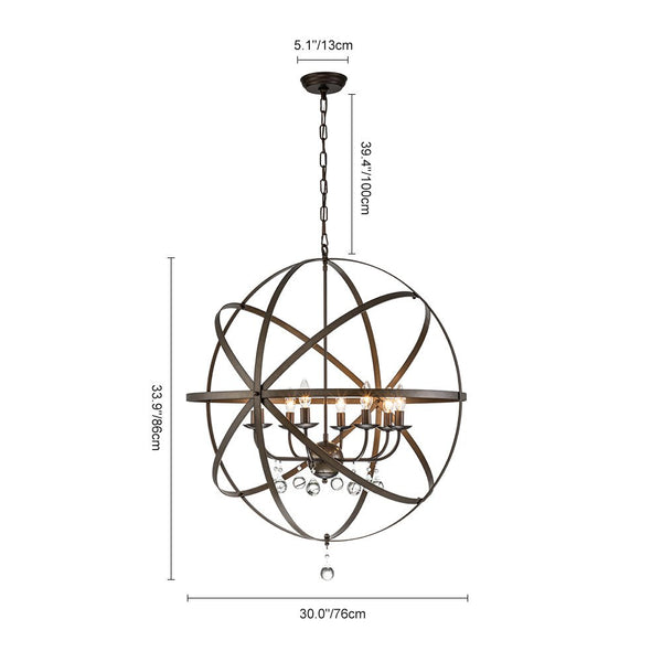 Chandelierias-Vintage 8-Light Sphere Chandelier With Crystal Drops-Pendant-Nickel-