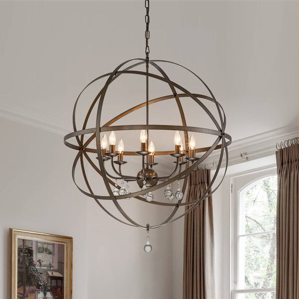Chandelierias-Vintage 8-Light Sphere Chandelier With Crystal Drops-Pendant-Oil-rubbed Bronze-