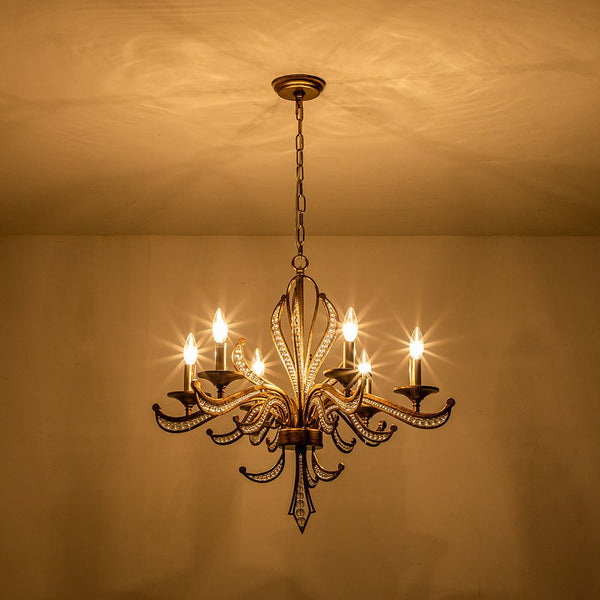 Chandelierias-Vintage Candle-Style 6-Light Crystal Lotus Chandelier-Chandeliers-Antique Brass-6 Bulbs