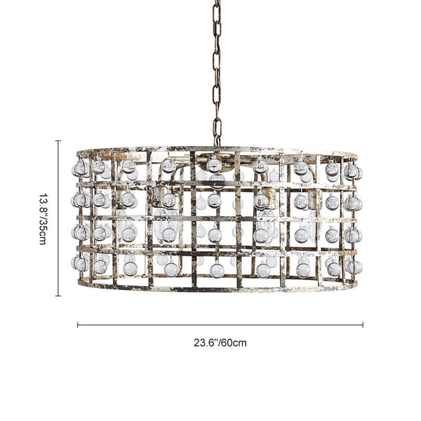 Chandelierias-Vintage Crystal Drops Mottled Silver Drum Chandelier-Chandelier-6 Bulbs-