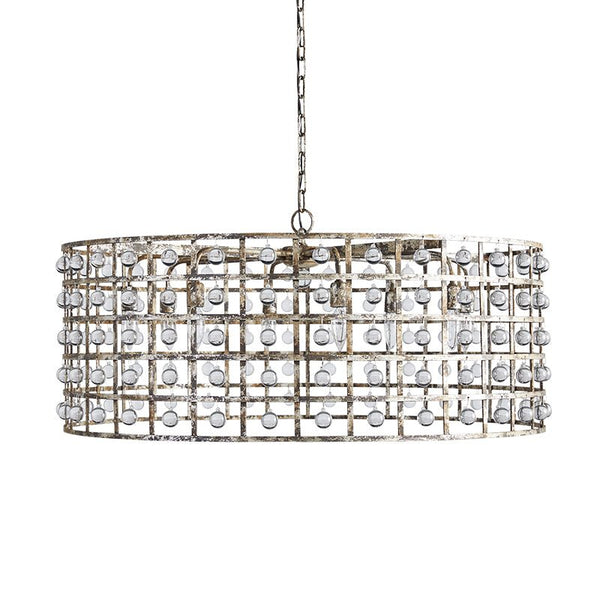 Chandelierias-Vintage Crystal Drops Mottled Silver Drum Chandelier-Chandelier-6 Bulbs-