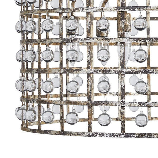 Chandelierias-Vintage Crystal Drops Mottled Silver Drum Chandelier-Chandelier-6 Bulbs-