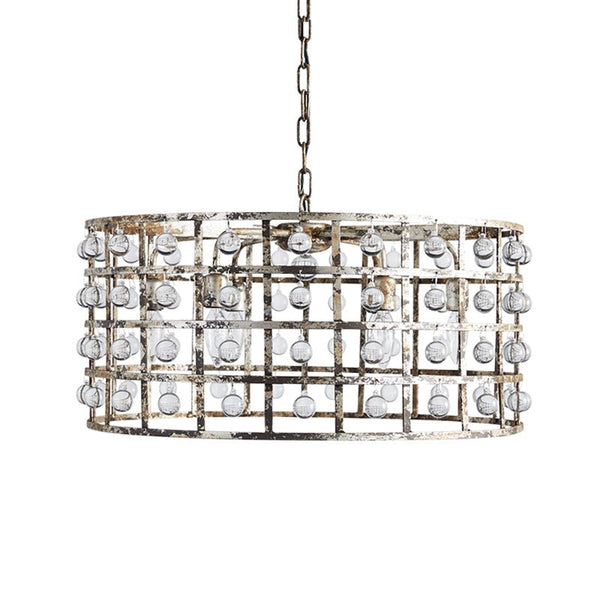 Chandelierias-Vintage Crystal Drops Mottled Silver Drum Chandelier-Chandelier-6 Bulbs-
