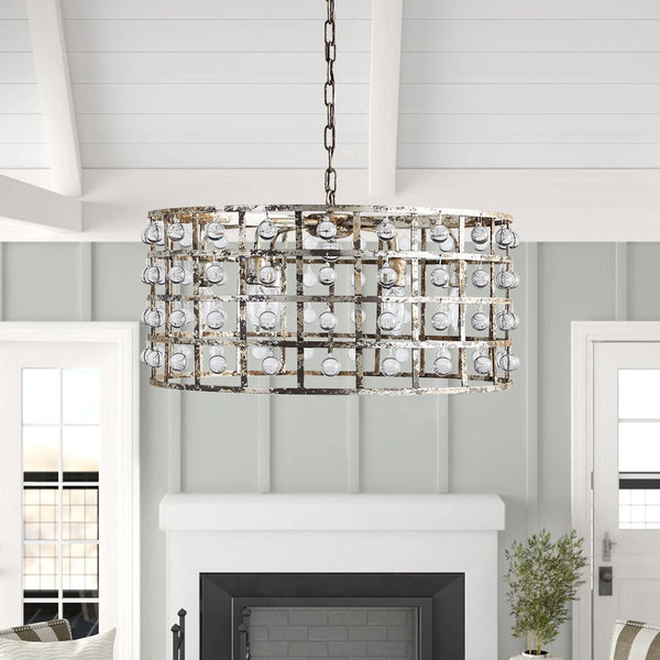 Chandelierias-Vintage Crystal Drops Mottled Silver Drum Chandelier-Chandelier-6 Bulbs-