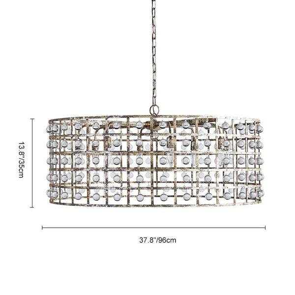 Chandelierias-Vintage Crystal Drops Mottled Silver Drum Chandelier-Chandelier-6 Bulbs-