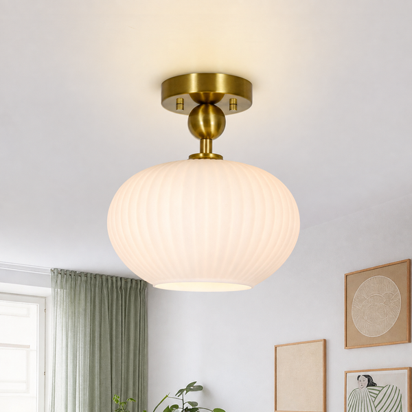 1-Light Oval Opal Ribbed Glass Semi-flush Mount