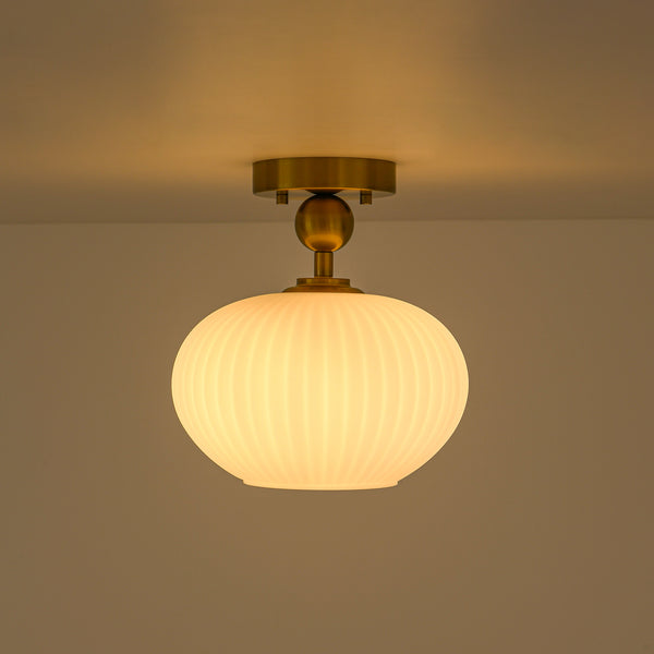 1-Light Oval Opal Ribbed Glass Semi-flush Mount