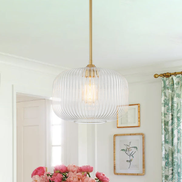 1-Light Ribbed Glass Clear Lantern Kitchen Pendant