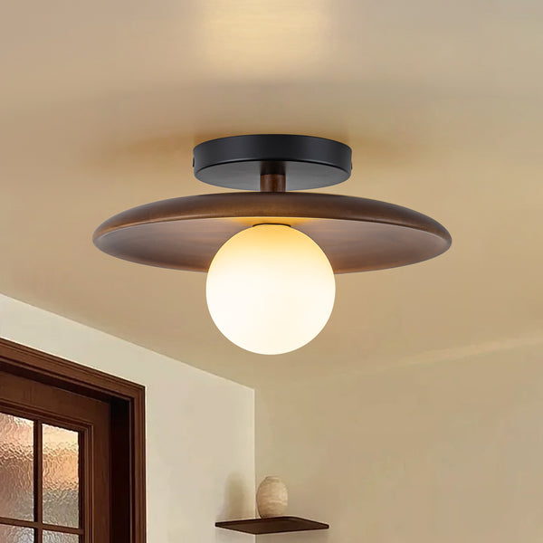 1-Light Walnut Wood Frosted Glass Mixed Semi-flush Mount
