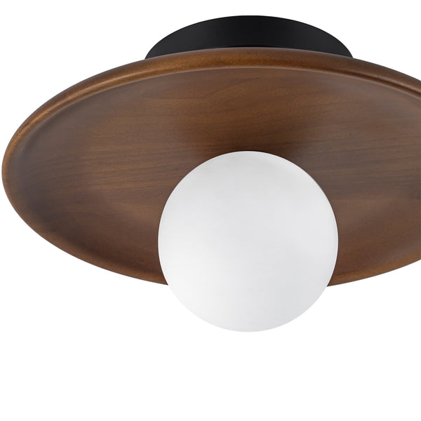 1-Light Walnut Wood Frosted Glass Mixed Semi-flush Mount