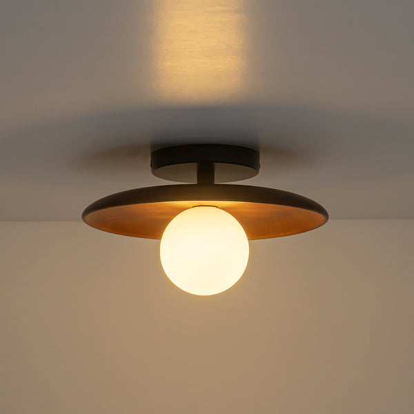 1-Light Walnut Wood Frosted Glass Mixed Semi-flush Mount