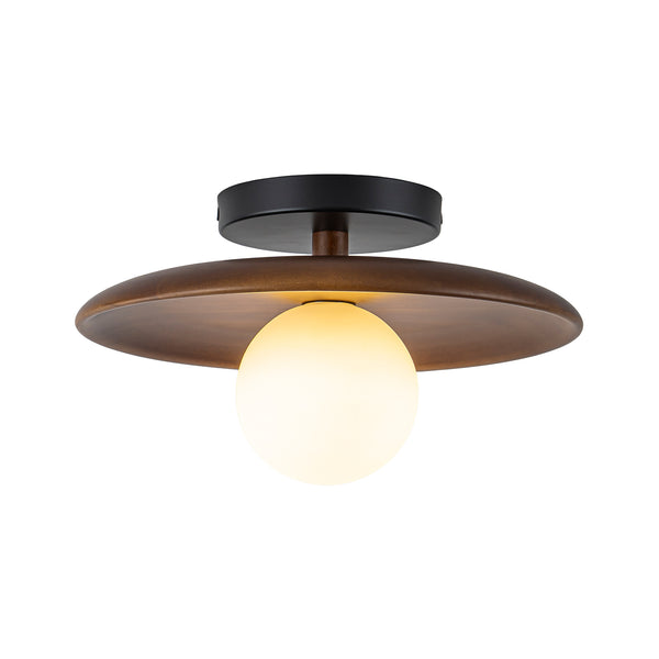 1-Light Walnut Wood Frosted Glass Mixed Semi-flush Mount