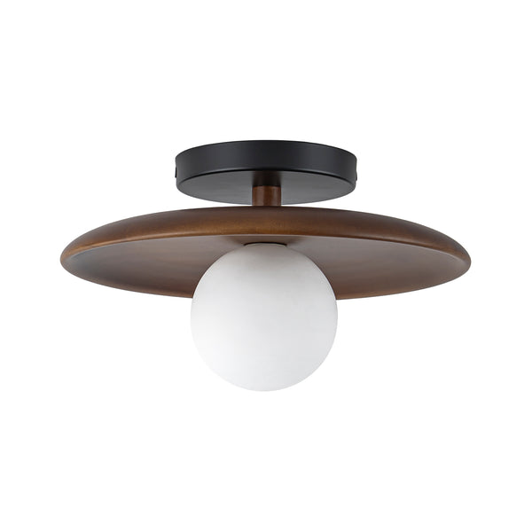 1-Light Walnut Wood Frosted Glass Mixed Semi-flush Mount