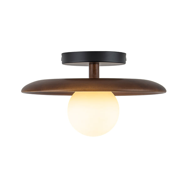 1-Light Walnut Wood Frosted Glass Mixed Semi-flush Mount