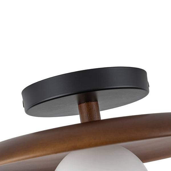 1-Light Walnut Wood Frosted Glass Mixed Semi-flush Mount