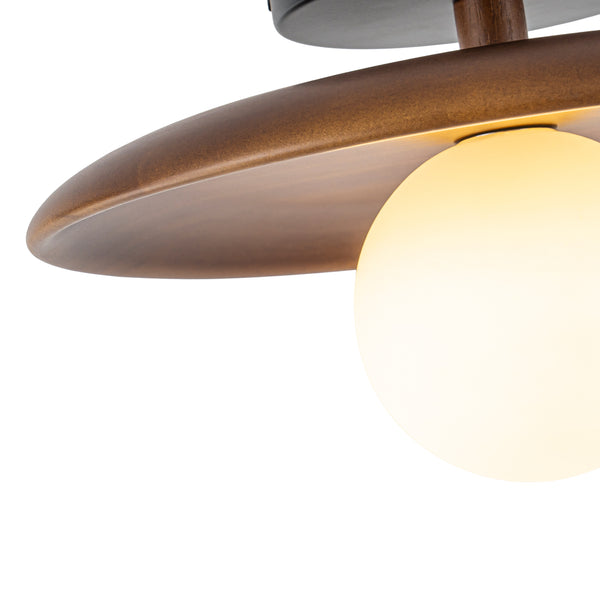 1-Light Walnut Wood Frosted Glass Mixed Semi-flush Mount