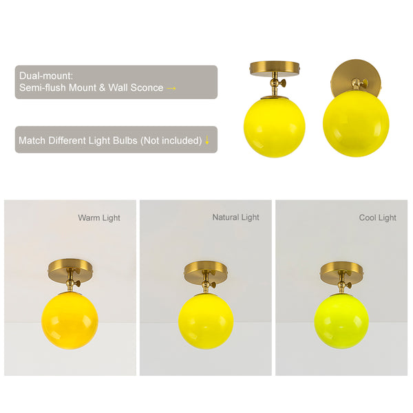 1-Light Moss Green Gloss Glass Sphere Semi-flush Mount