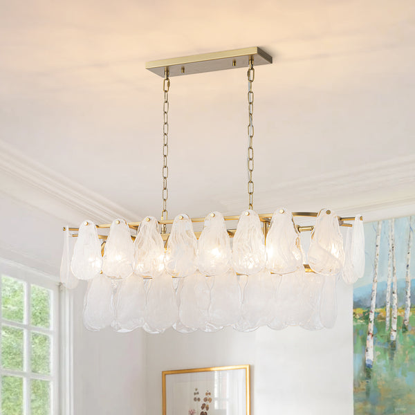 10-Light White Strie Glass Linear Layered Chandelier