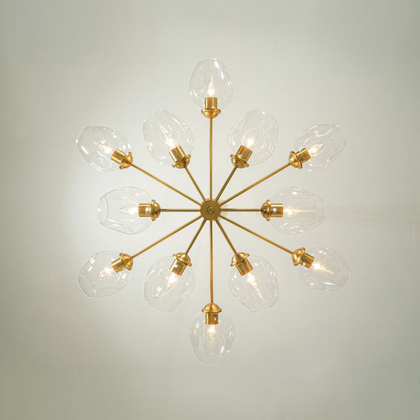 12-Light Brass Sputnik Clear Dimpled Tulip Glass Tiered Chandelier