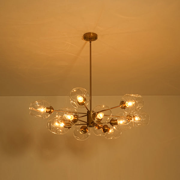 12-Light Brass Sputnik Clear Dimpled Tulip Glass Tiered Chandelier