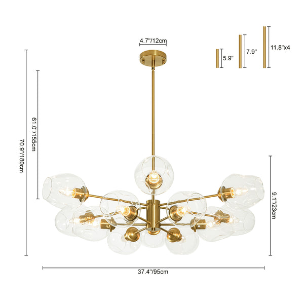 12-Light Brass Sputnik Clear Dimpled Tulip Glass Tiered Chandelier