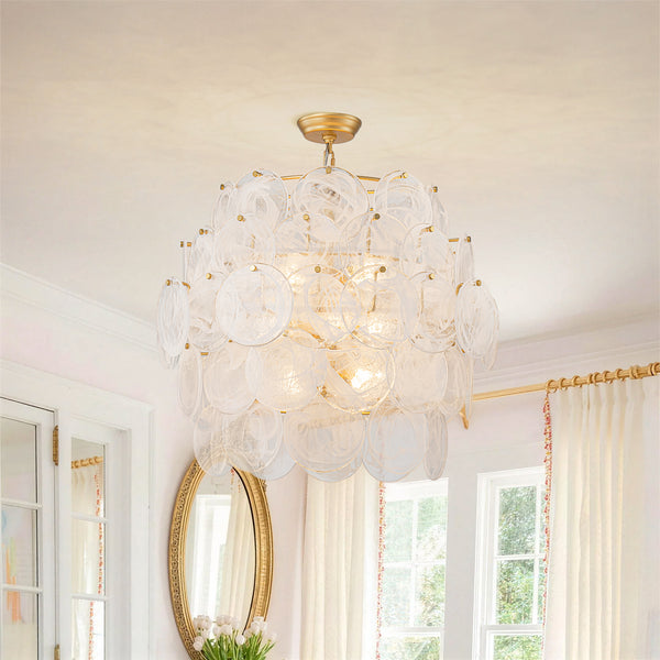 12-Light Strie Glass Disc Layered Cascade Chandelier