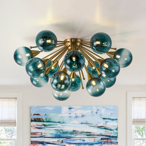 15-Light Teal Ombre Glass Bubble Sunburst Flush Mount