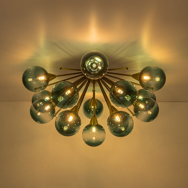 15-Light Teal Ombre Glass Bubble Sunburst Flush Mount