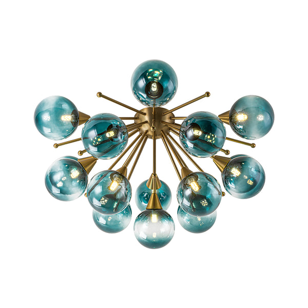 15-Light Teal Ombre Glass Bubble Sunburst Flush Mount