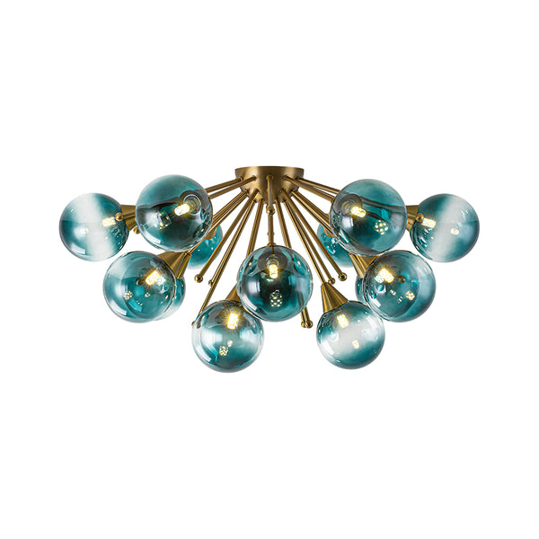15-Light Teal Ombre Glass Bubble Sunburst Flush Mount