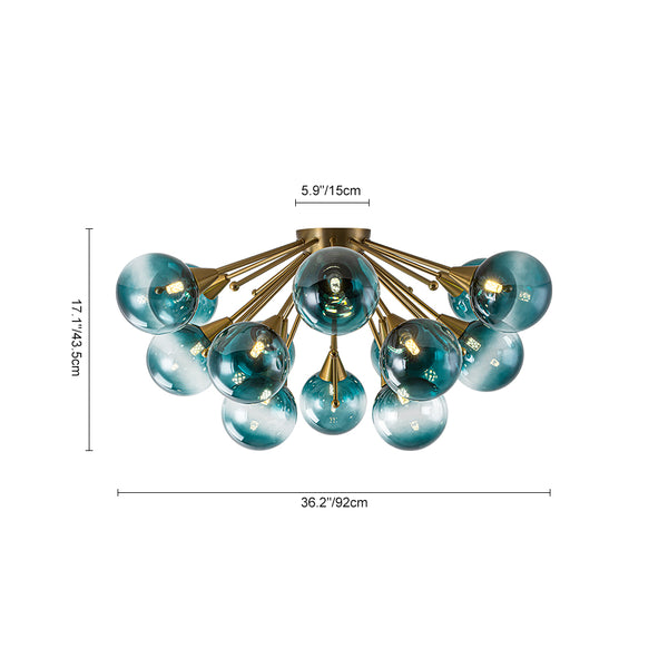 15-Light Teal Ombre Glass Bubble Sunburst Flush Mount