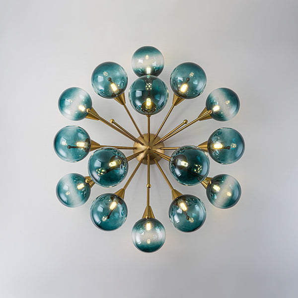 15-Light Teal Ombre Glass Bubble Sunburst Flush Mount