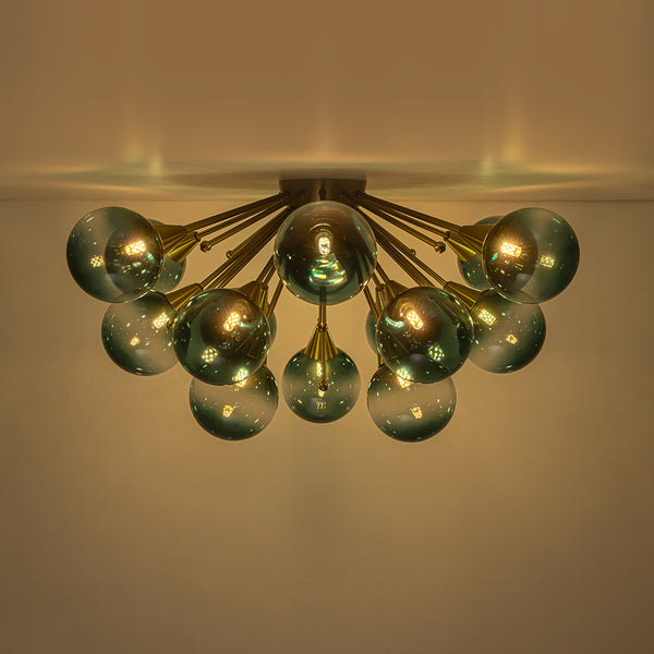 15-Light Teal Ombre Glass Bubble Sunburst Flush Mount