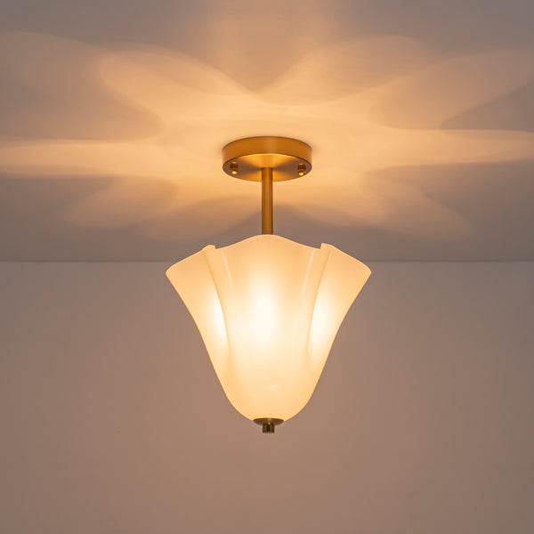 Floral Fluted Brass 2-Light Milk Glass Semi-Flush Mount