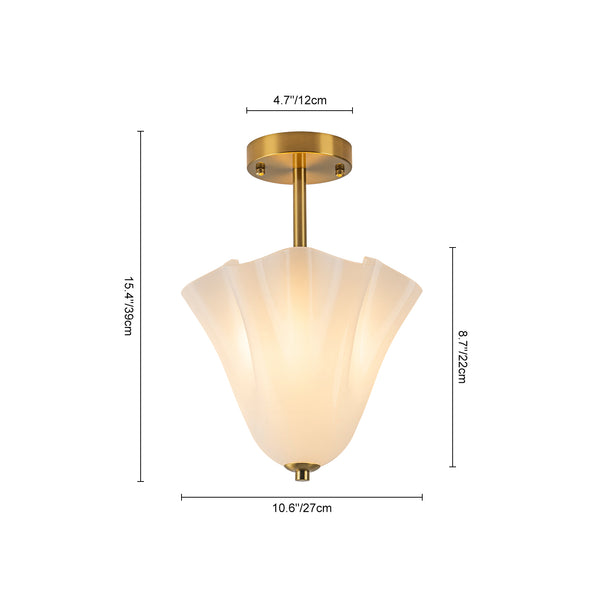 Floral Fluted Brass 2-Light Milk Glass Semi-Flush Mount
