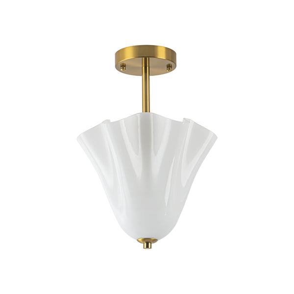 Floral Fluted Brass 2-Light Milk Glass Semi-Flush Mount