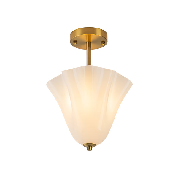 Floral Fluted Brass 2-Light Milk Glass Semi-Flush Mount