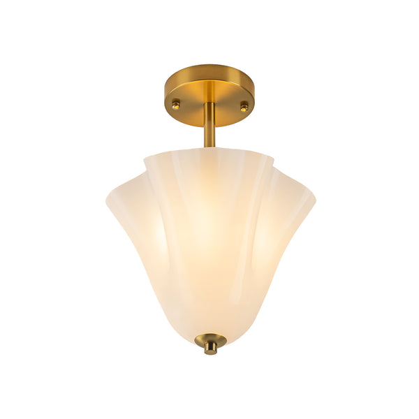 Floral Fluted Brass 2-Light Milk Glass Semi-Flush Mount