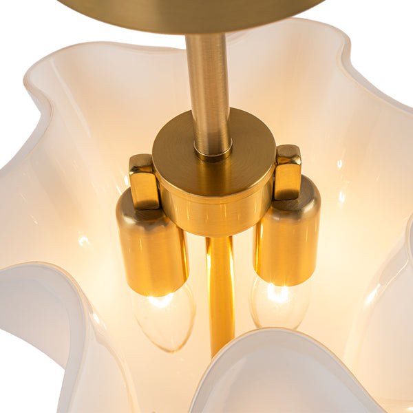 Floral Fluted Brass 2-Light Milk Glass Semi-Flush Mount