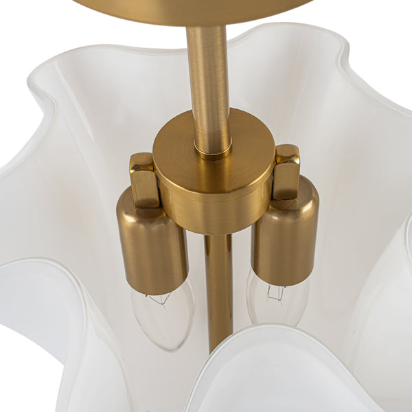 Floral Fluted Brass 2-Light Milk Glass Semi-Flush Mount