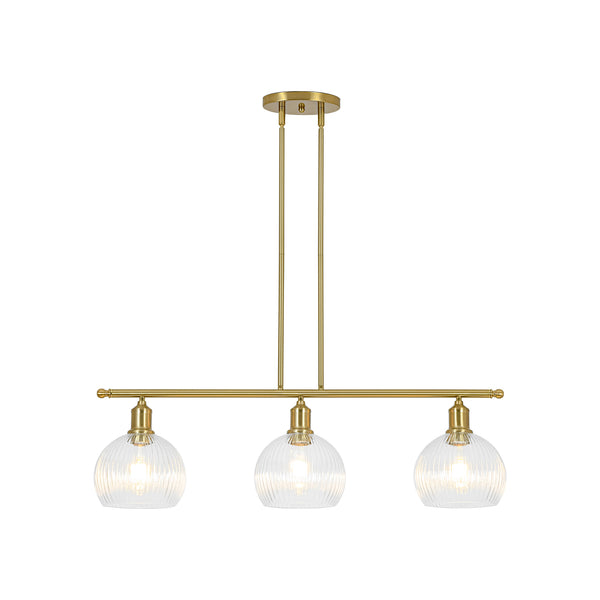 3-Light Brass Ribbed Glass Globe Island Pendant