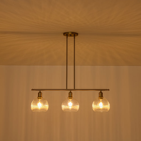 3-Light Brass Ribbed Glass Globe Island Pendant
