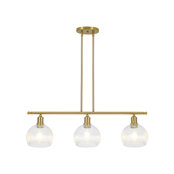 3-Light Brass Ribbed Glass Globe Island Pendant