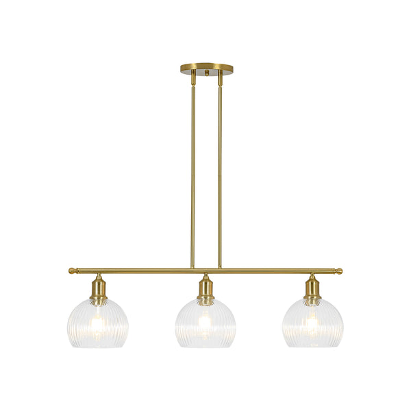 3-Light Brass Ribbed Glass Globe Island Pendant