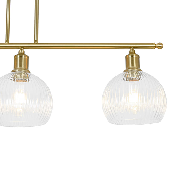 3-Light Brass Ribbed Glass Globe Island Pendant