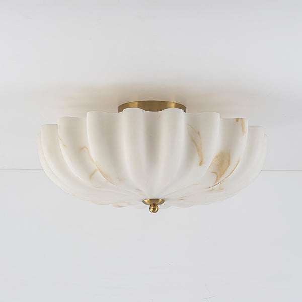3-Light Marble Veined Glass Floral Scalloped Semi-flush Mount